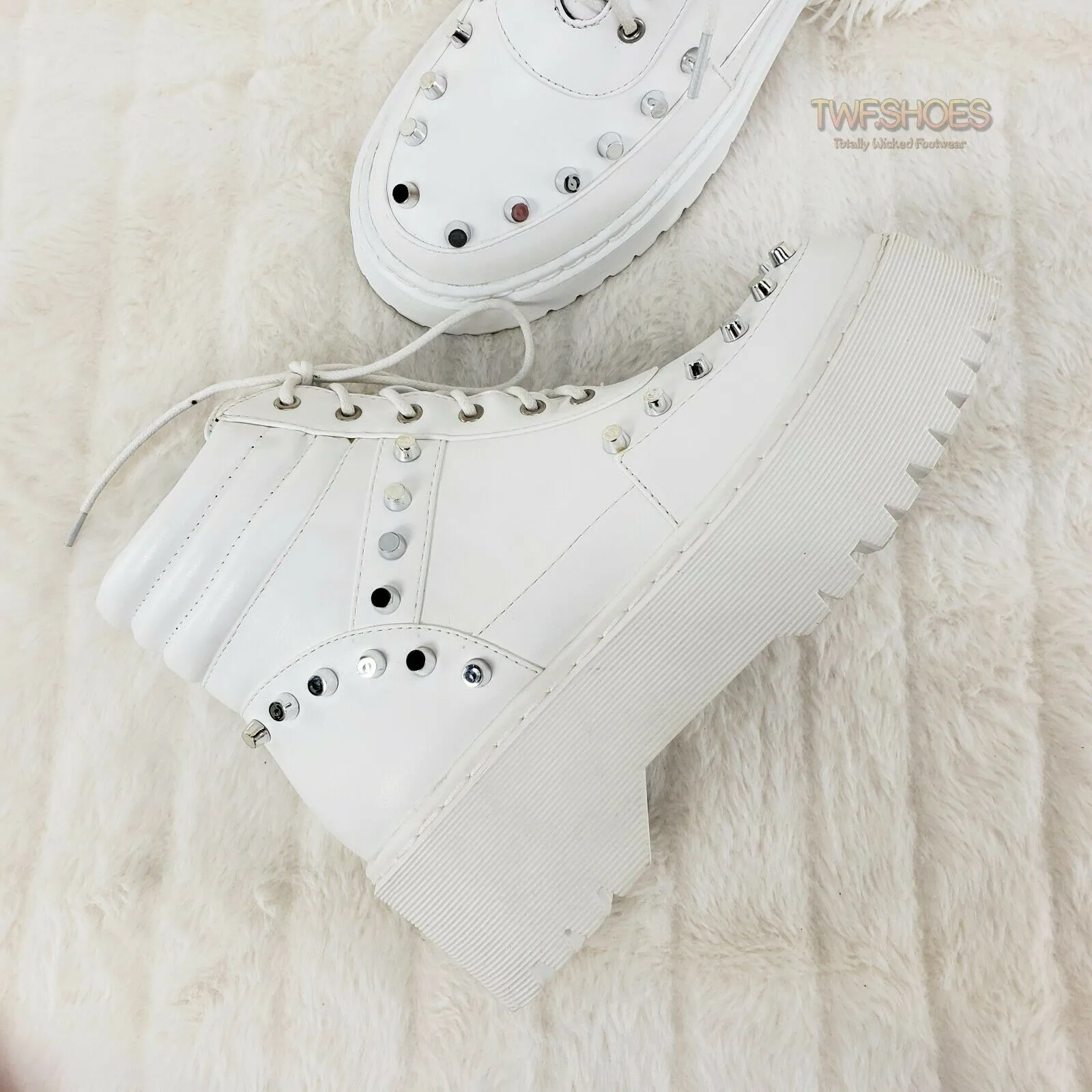 Cyber Punk Silver Cap Stud Combat Sneaker Ankle Boots White 6-11