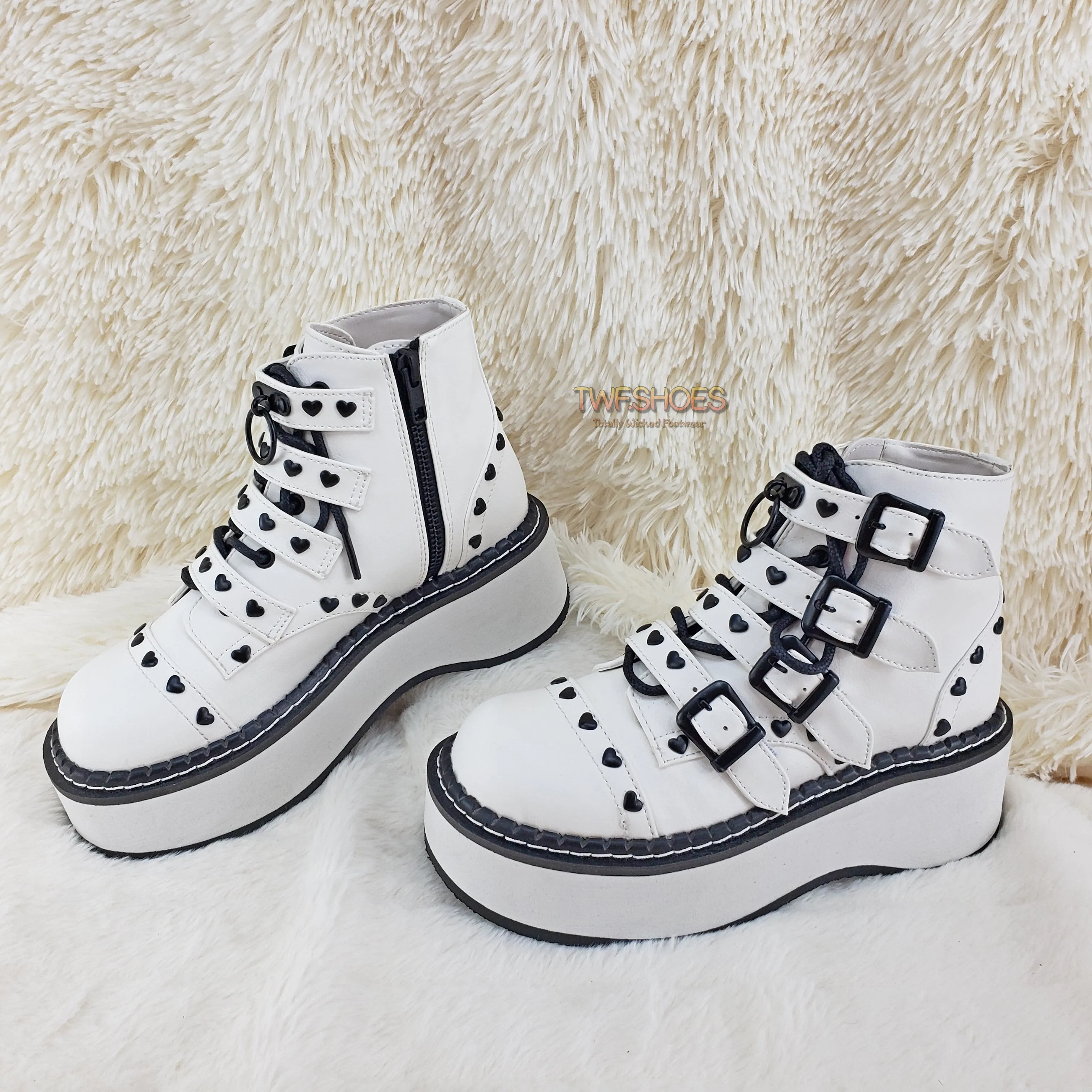 Emily 315 White Matte Heart Stud 2" Platform Ankle Boot Shoes  - Demonia Direct