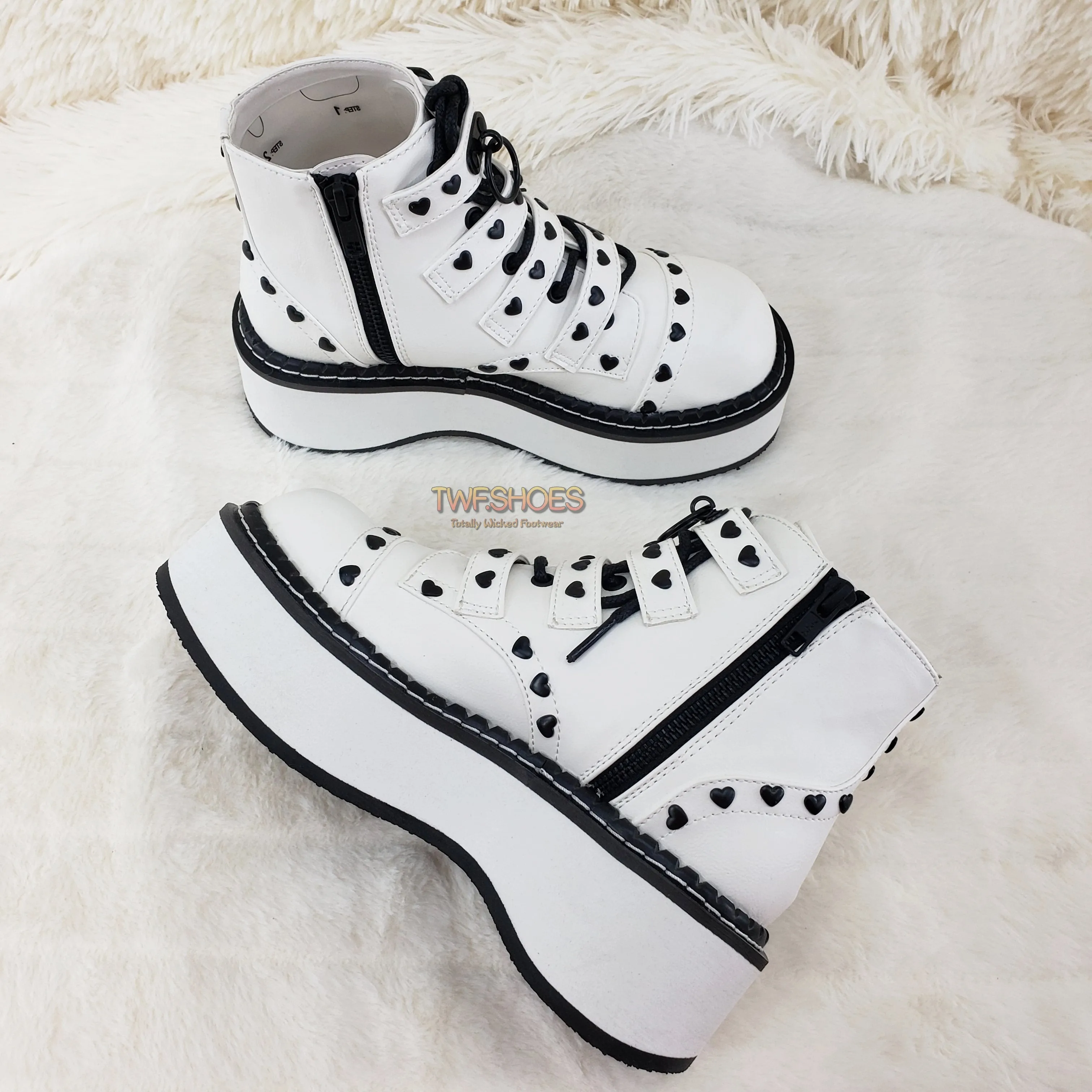Emily 315 White Matte Heart Stud 2" Platform Ankle Boot Shoes  - Demonia Direct
