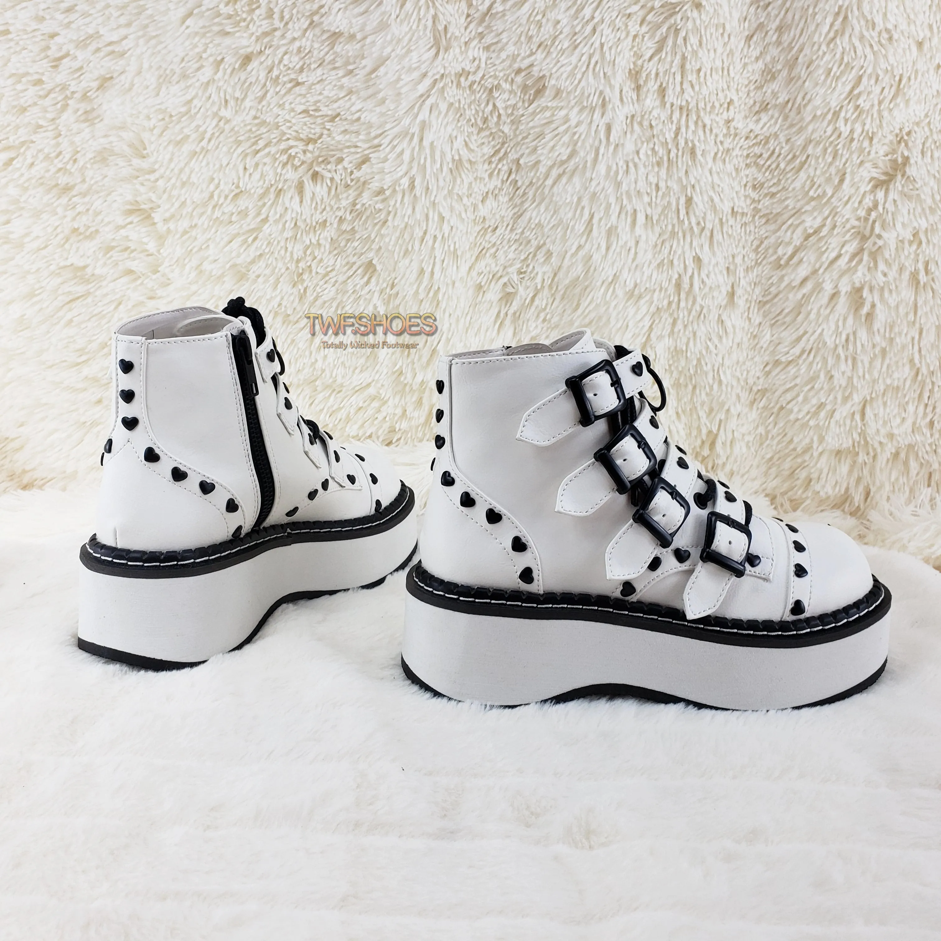 Emily 315 White Matte Heart Stud 2" Platform Ankle Boot Shoes  - Demonia Direct