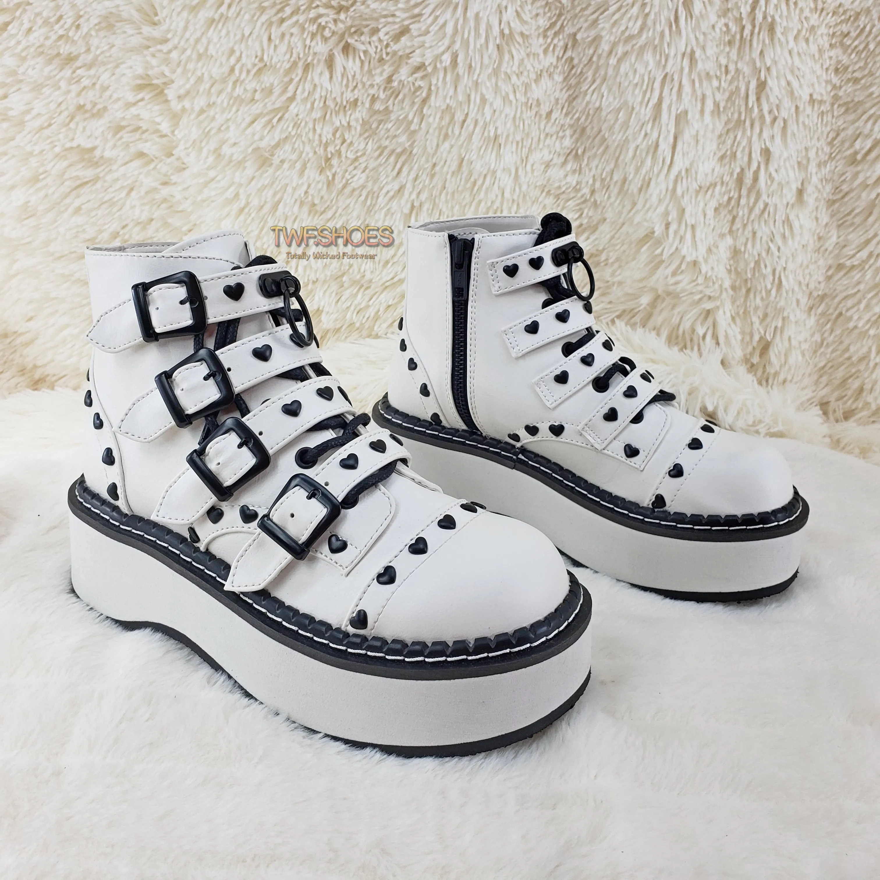 Emily 315 White Matte Heart Stud 2" Platform Ankle Boot Shoes  - Demonia Direct