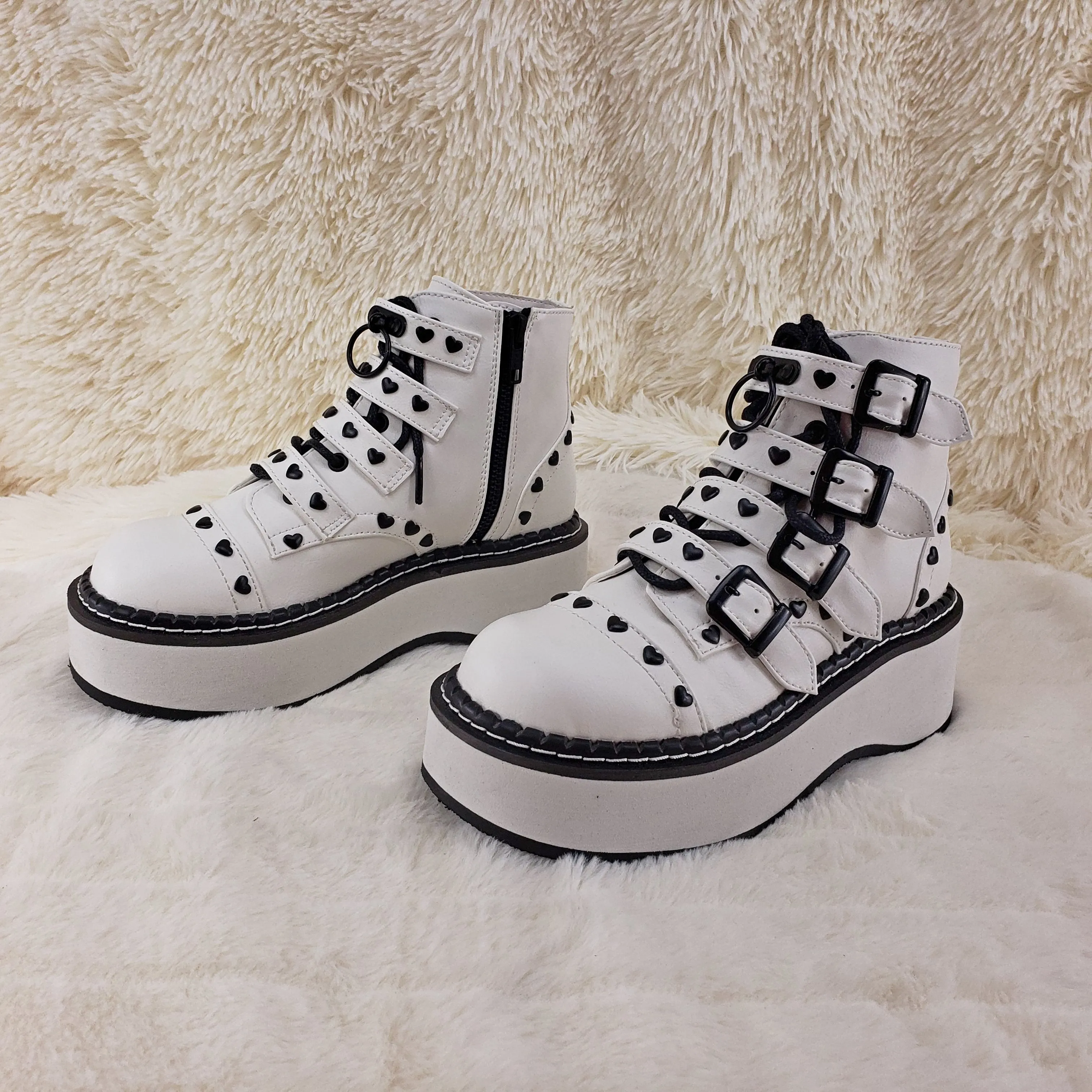 Emily 315 White Matte Heart Stud 2" Platform Ankle Boot Shoes  - Demonia Direct