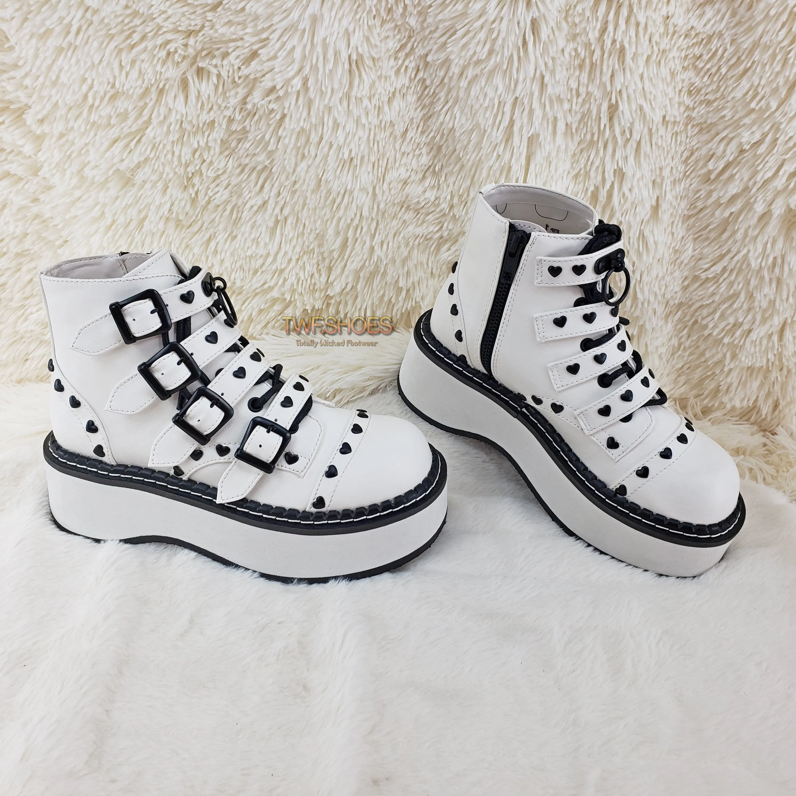 Emily 315 White Matte Heart Stud 2" Platform Ankle Boot Shoes  - Demonia Direct