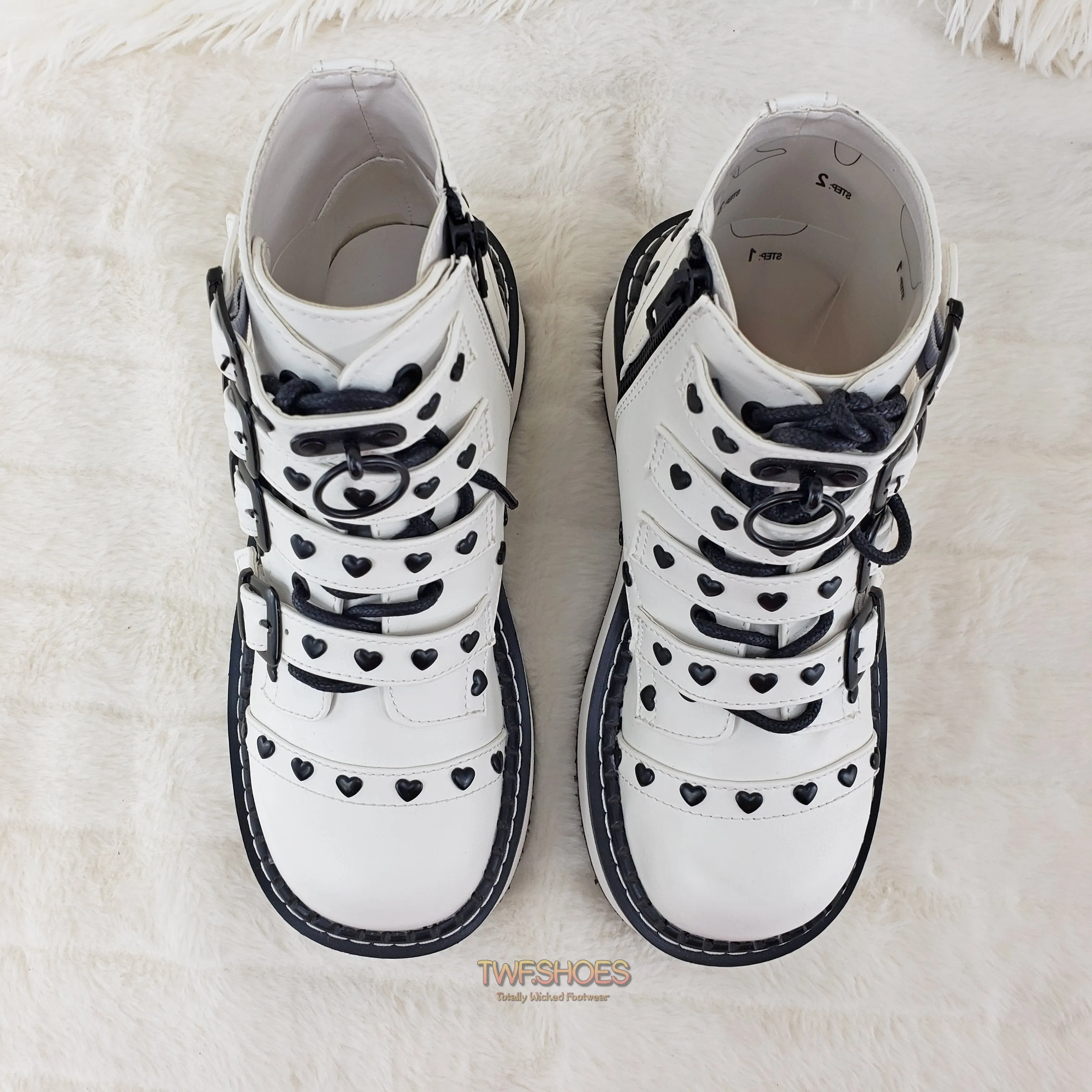 Emily 315 White Matte Heart Stud 2" Platform Ankle Boot Shoes  - Demonia Direct