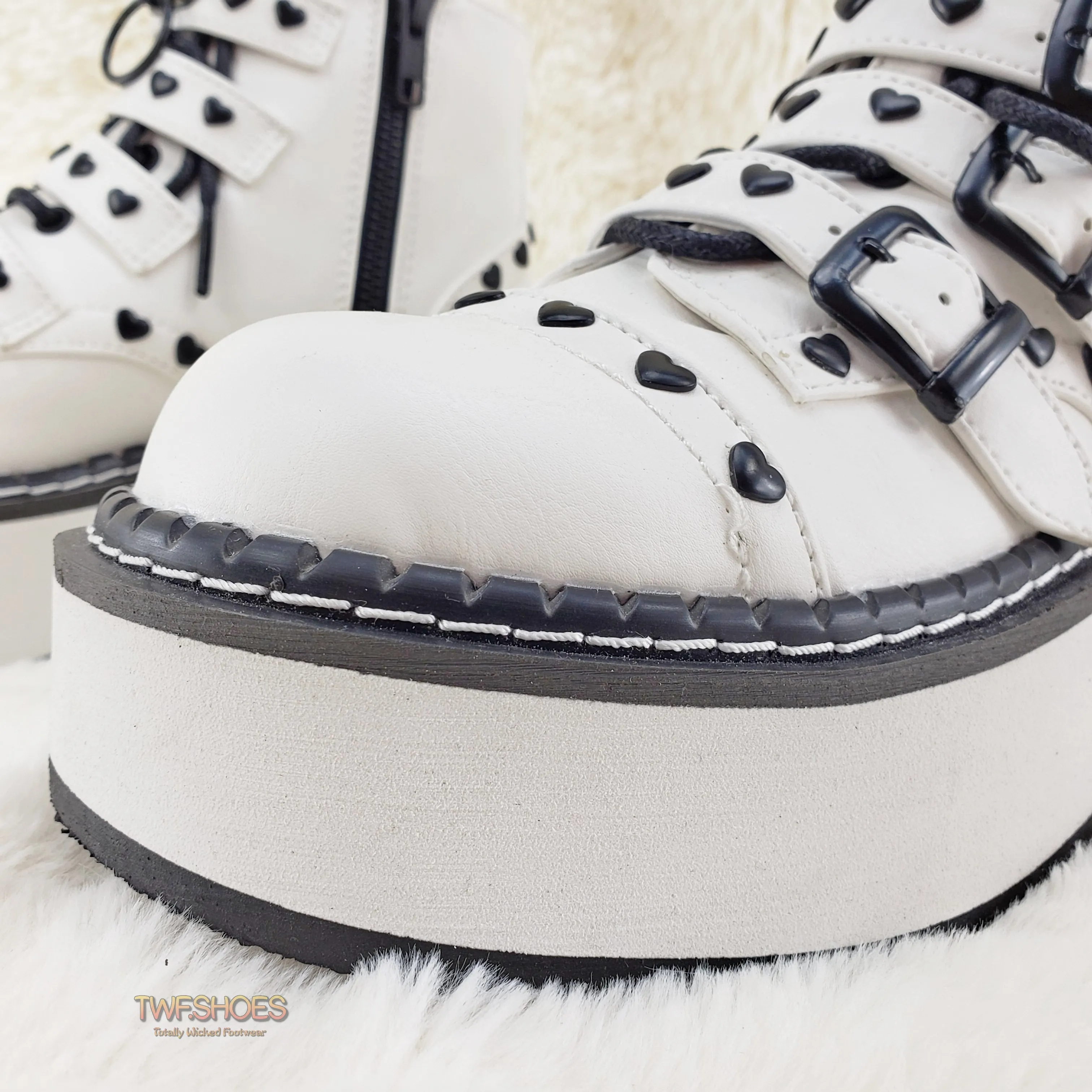 Emily 315 White Matte Heart Stud 2" Platform Ankle Boot Shoes  - Demonia Direct