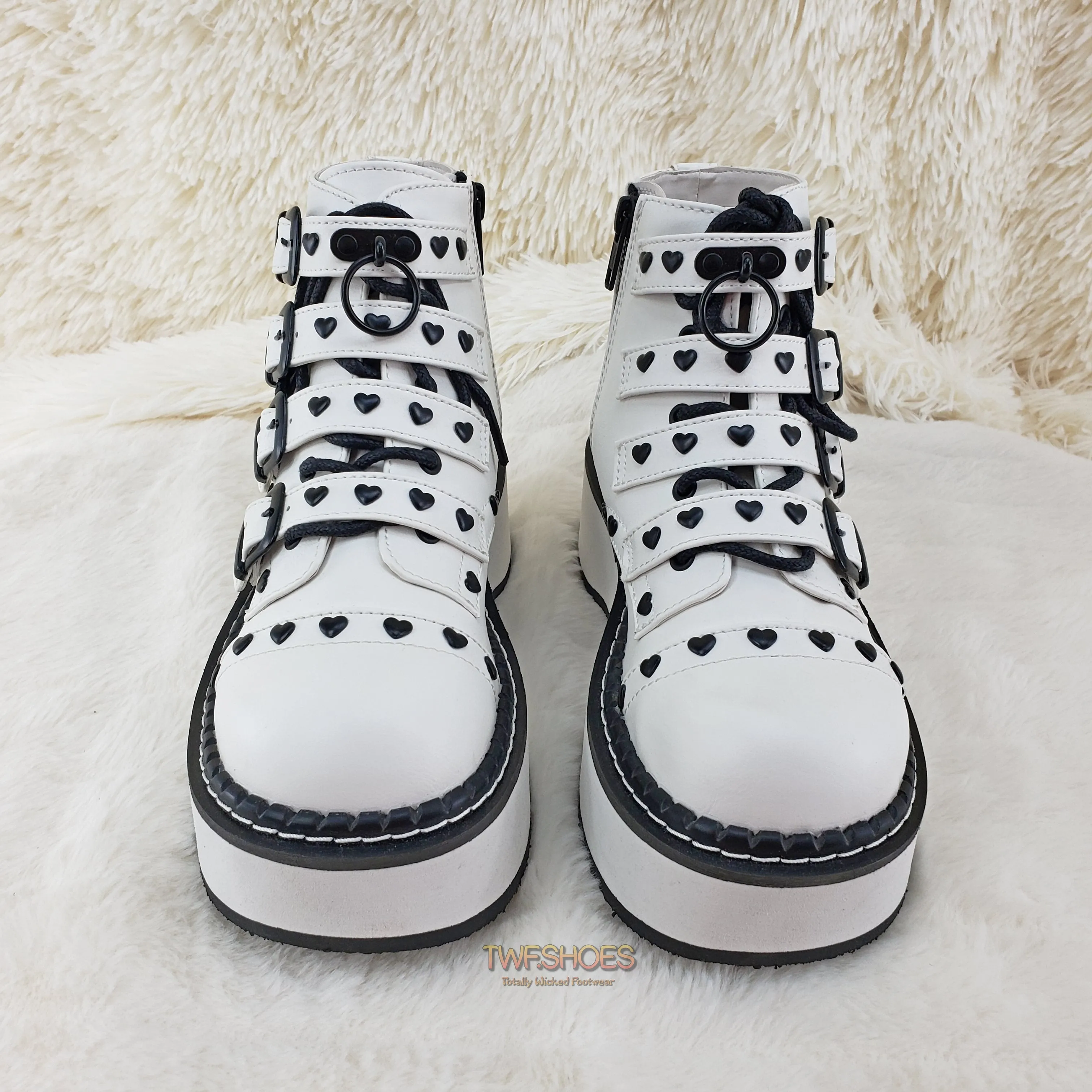 Emily 315 White Matte Heart Stud 2" Platform Ankle Boot Shoes  - Demonia Direct