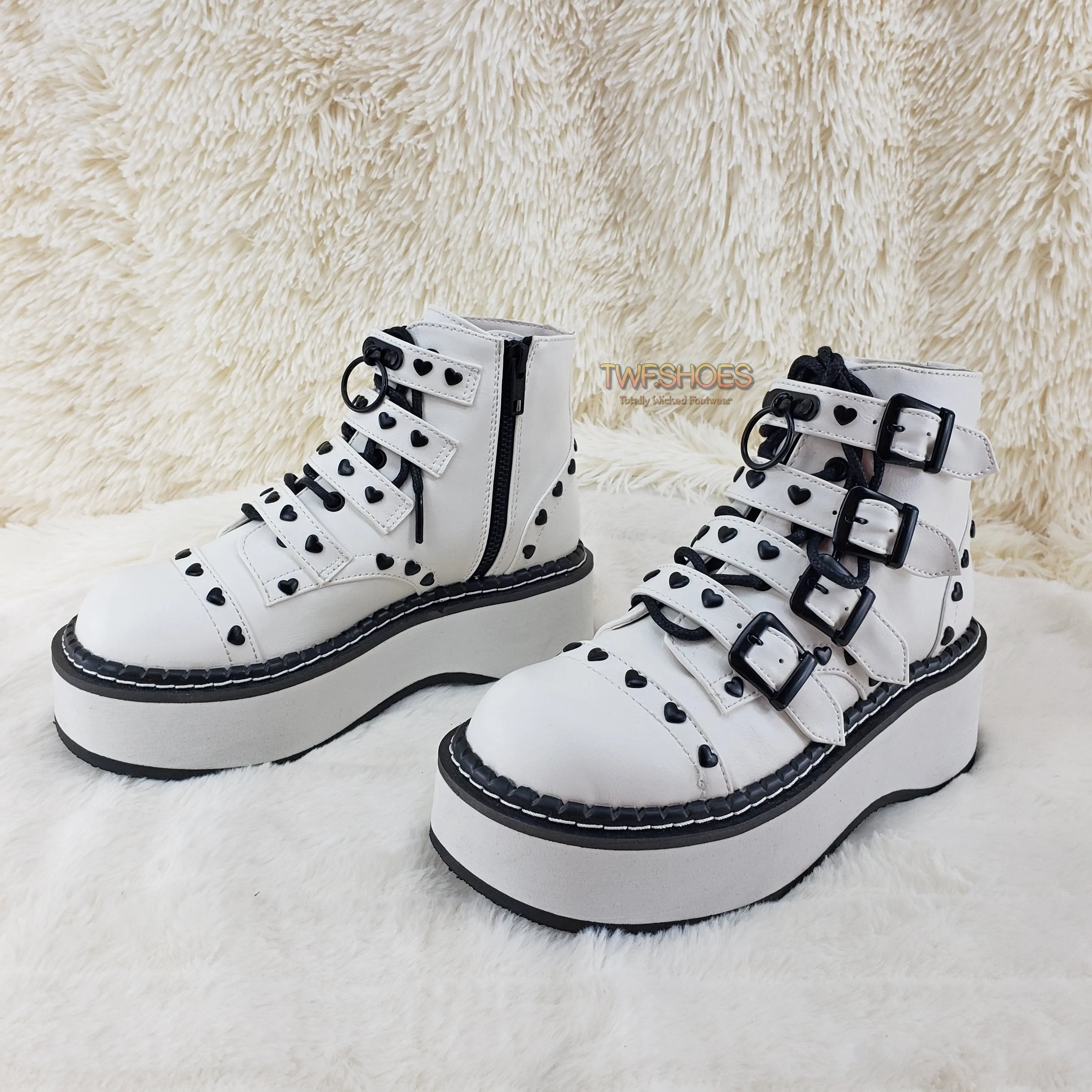 Emily 315 White Matte Heart Stud 2" Platform Ankle Boot Shoes  - Demonia Direct