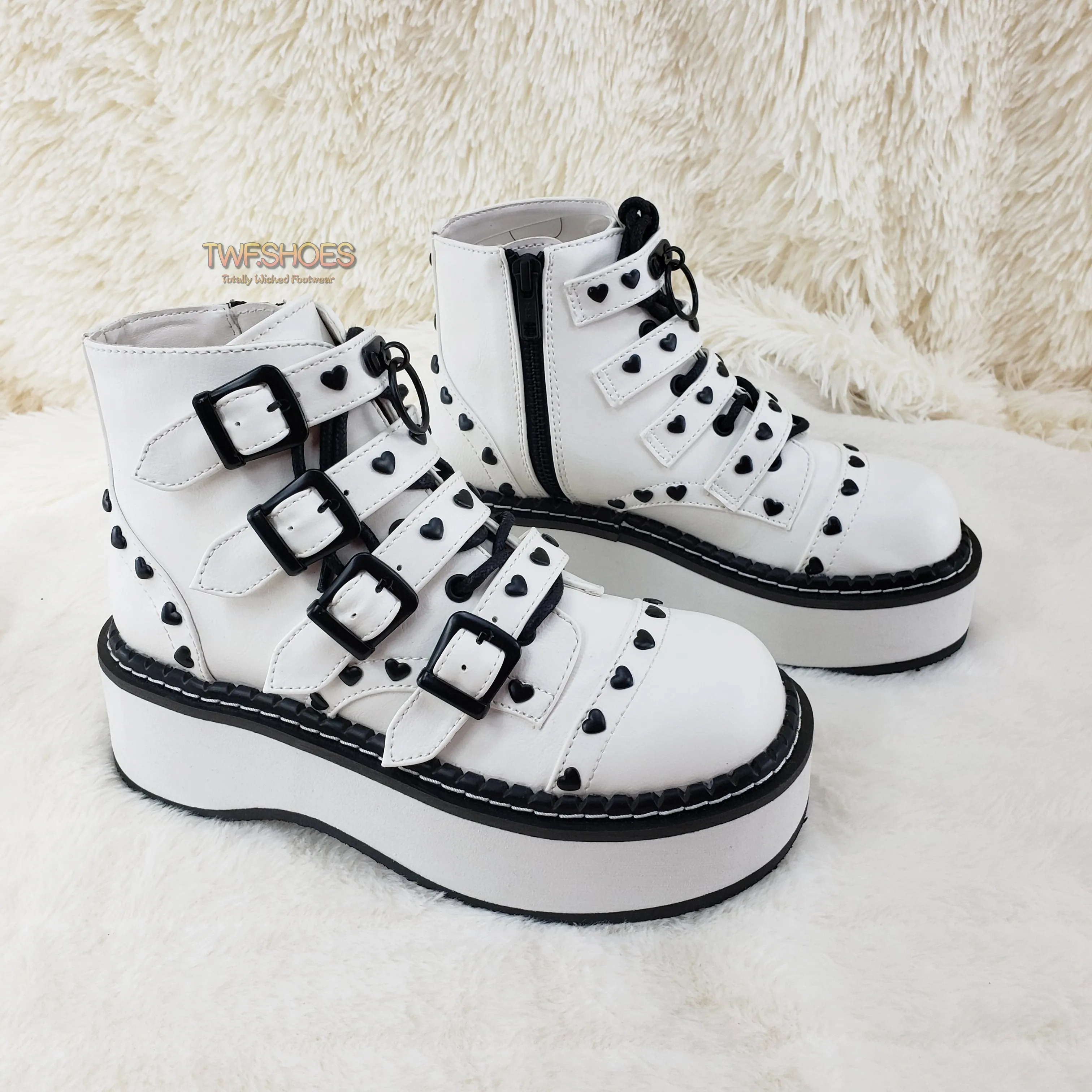 Emily 315 White Matte Heart Stud 2" Platform Ankle Boot Shoes  - Demonia Direct