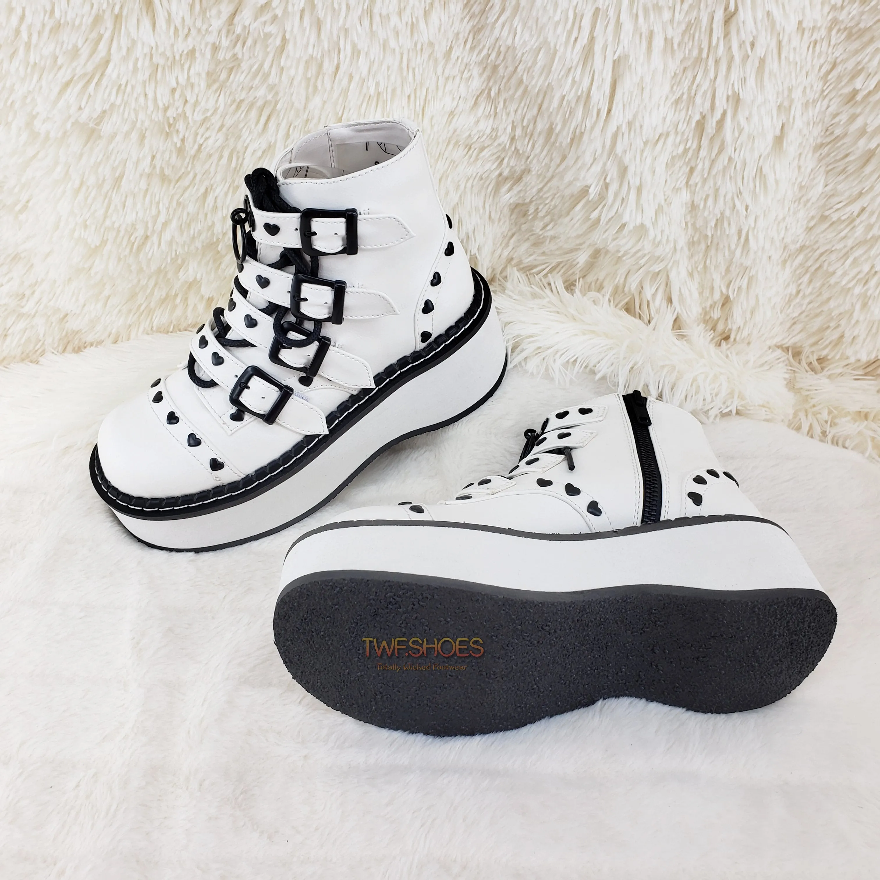 Emily 315 White Matte Heart Stud 2" Platform Ankle Boot Shoes  - Demonia Direct
