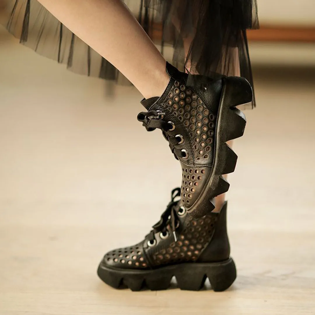 Eyelets Lace Up Mid Heel Boots