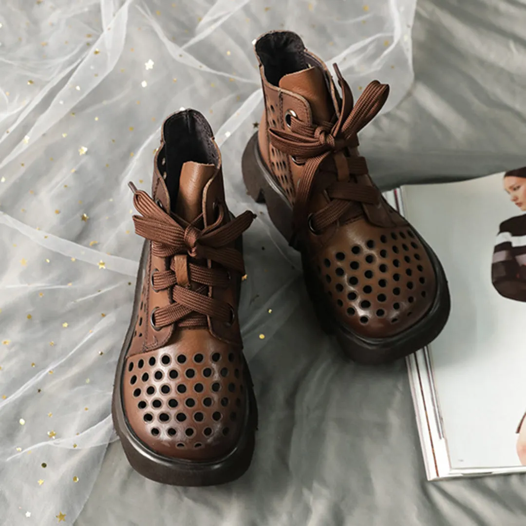 Eyelets Lace Up Mid Heel Boots