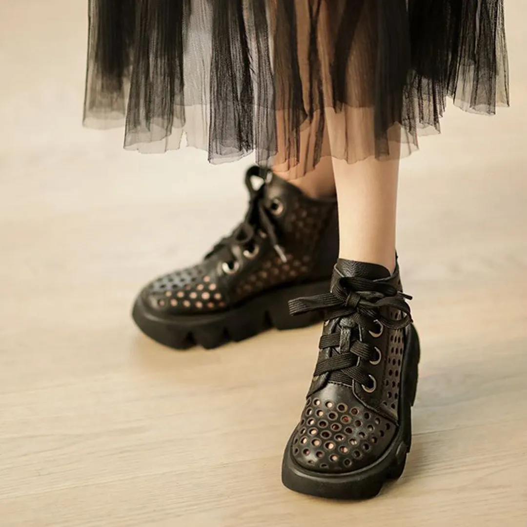 Eyelets Lace Up Mid Heel Boots
