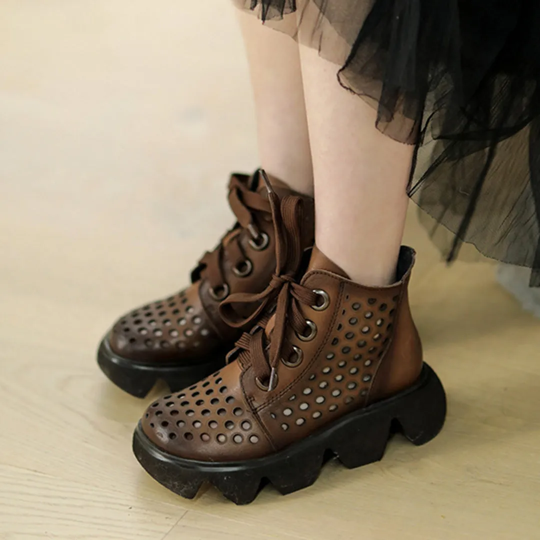 Eyelets Lace Up Mid Heel Boots