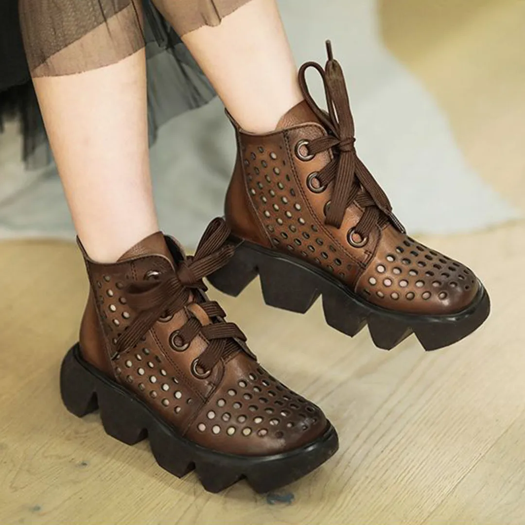 Eyelets Lace Up Mid Heel Boots