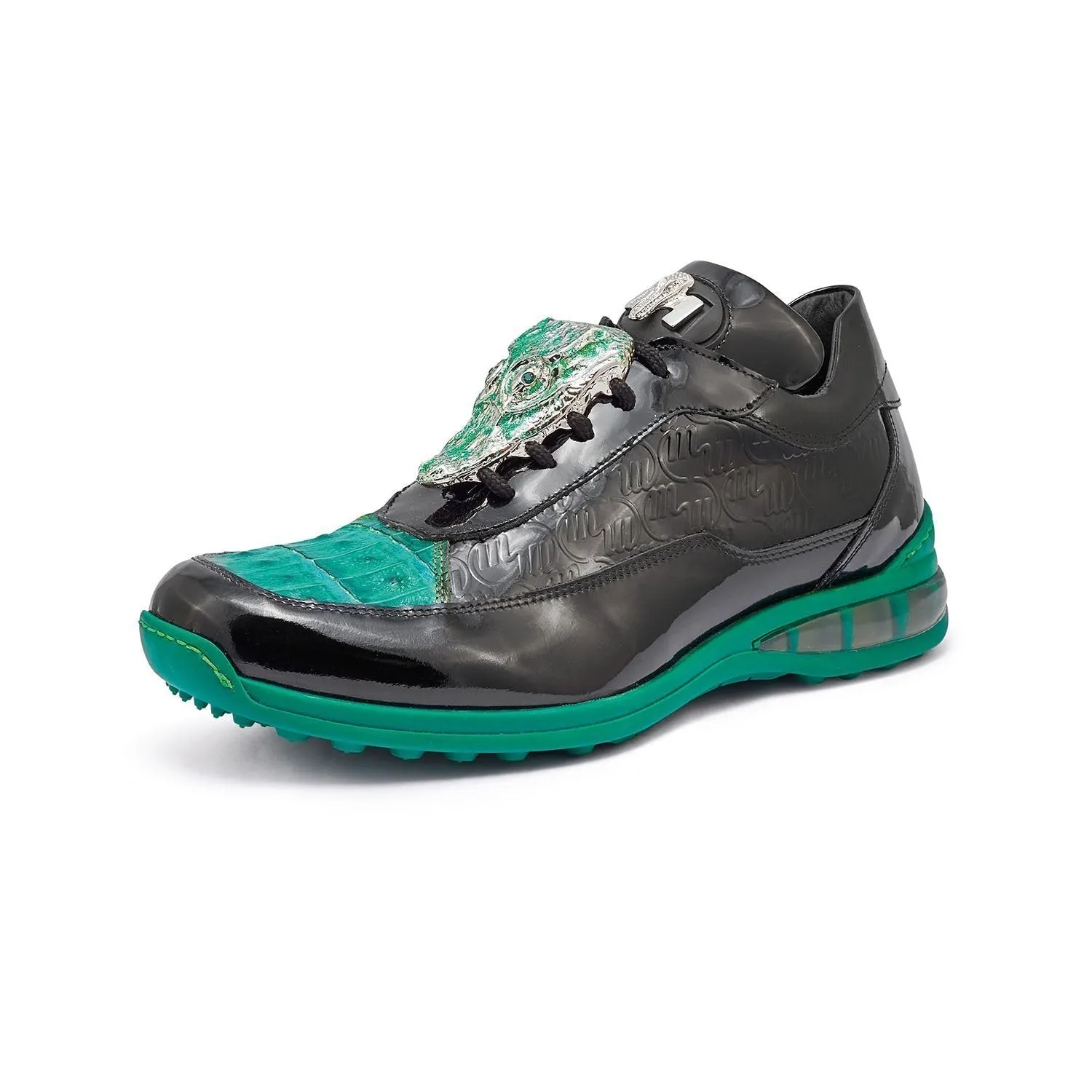 Mauri 8900/2 Bubble Italian Men's Shoes Black & Leaf Green Exotic Crocodile / Patent Embossed Leather Casual Sneakers (MA5342)